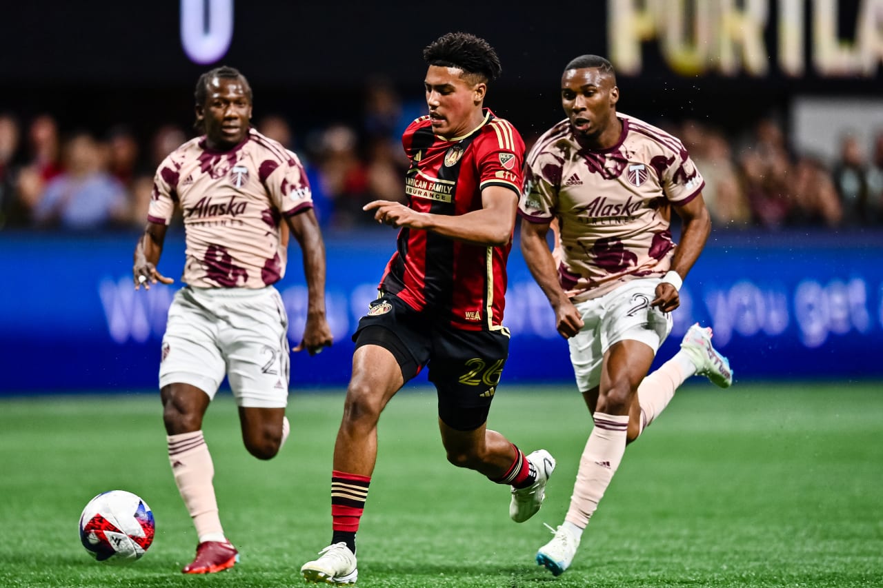 Atlanta United defender Caleb Wiley #26 dribbles during the first half of the match against Portland Timbers at Mercedes-Benz Stadium in Atlanta, GA on Saturday March 18, 2023. (Photo by Brandon Magnus/Atlanta United)