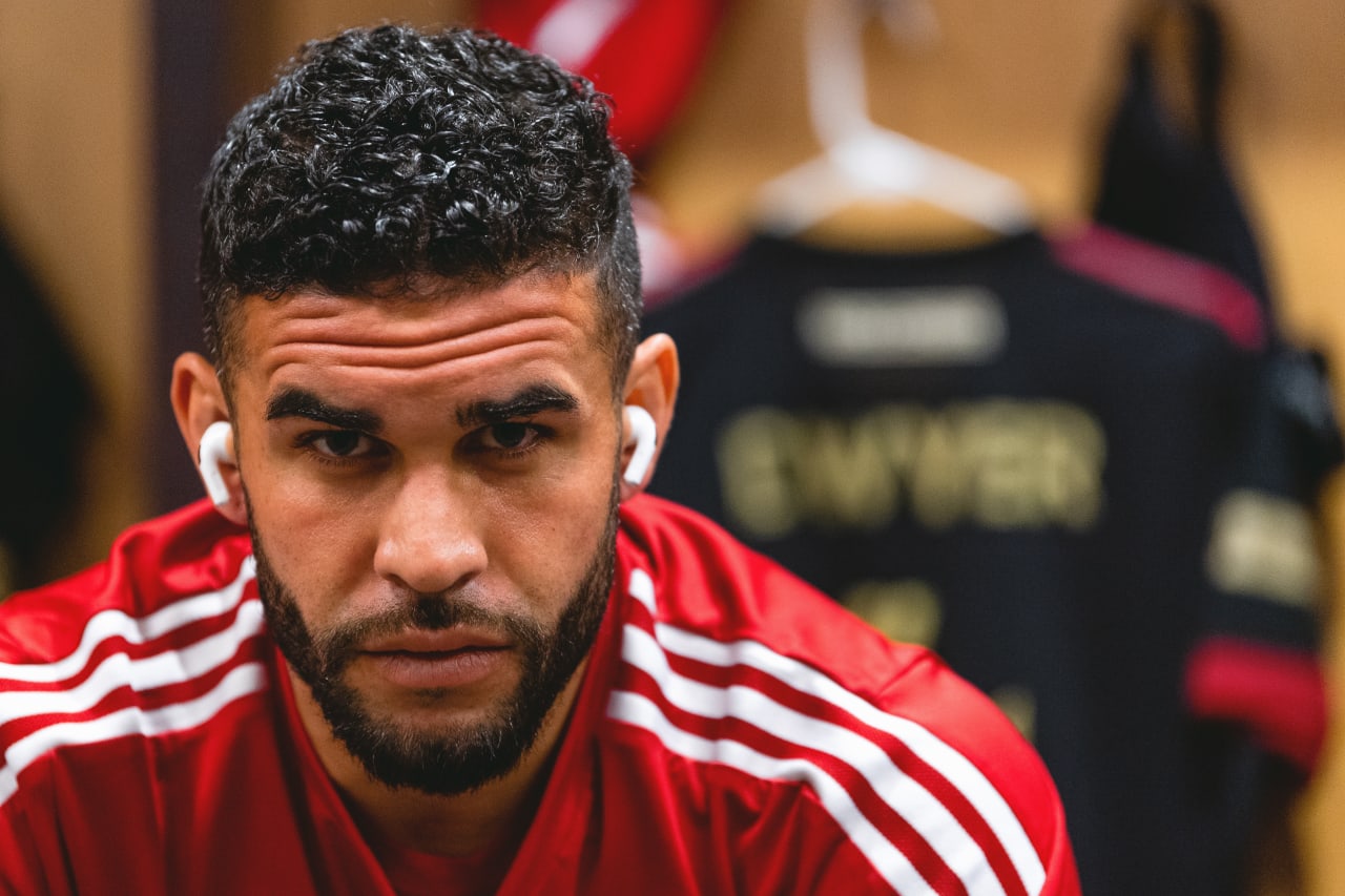 Atlanta United forward Dom Dwyer #4 looks on in the locker before the match against Chattanooga FC at Fifth Third Bank Stadium in Kennesaw, United States on Wednesday April 20, 2022. (Photo by Dakota Williams/Atlanta United)