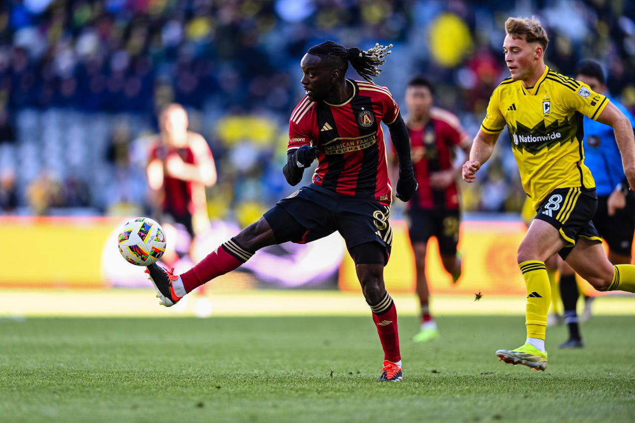 Atlanta United midfielder Tristan Muyumba #8 kicks the ball during the match against Columbus Crew at Lower.com Field in Columbus, OH on Saturday February 24, 2024