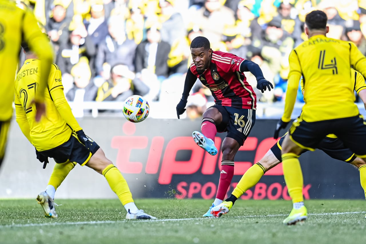 Atlanta United forward Xande Silva #16 kicks the ball during the match against Columbus Crew at Lower.com Field in Columbus, OH on Saturday February 24, 2024