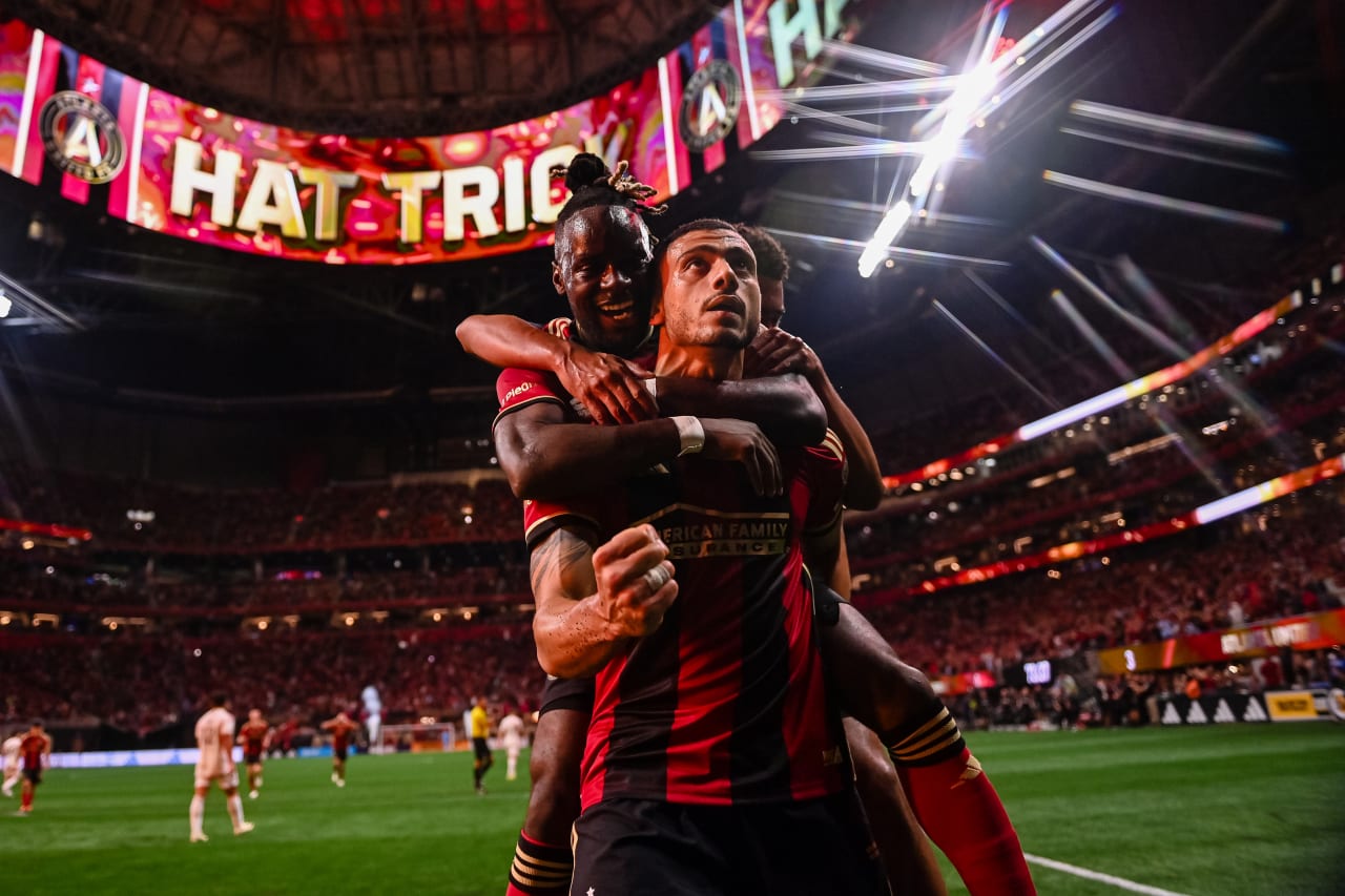 Atlanta United forward Giorgos Giakoumakis #7 celebrates after a goal during the second half of the match against New England Revolution at Mercedes-Benz Stadium in Atlanta, GA on Saturday March 9, 2024