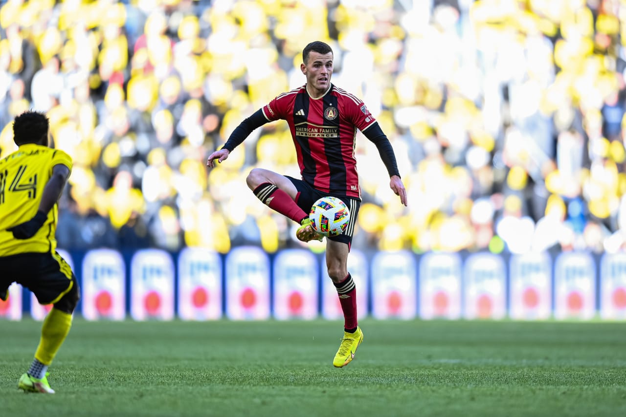 Atlanta United defender Brooks Lennon #11 kicks the ball during the match against Columbus Crew at Lower.com Field in Columbus, OH on Saturday February 24, 2024