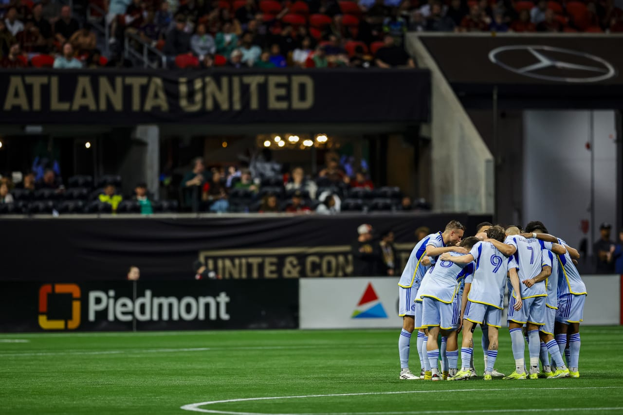 Huddle prior to the start of the second half of the match against Orlando City at Mercedes-Benz Stadium in Atlanta, GA on Sunday March 17, 2024