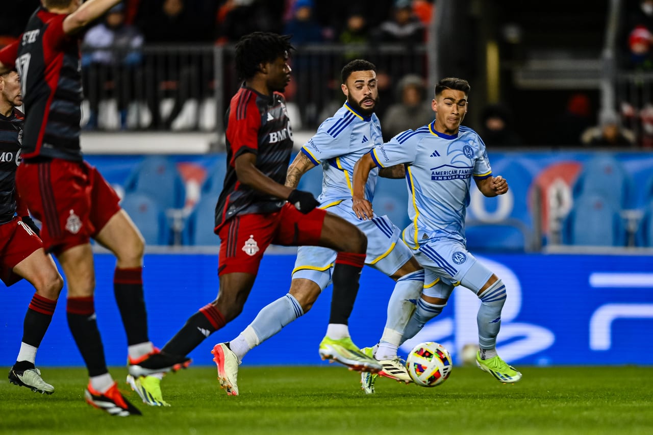 Atlanta United defender Derrick Williams #3 and forward Tyler Wolff #28 defend during the first half of the match against Toronto FC at BMO Field in Toronto, Canada on Saturday March 23, 2024