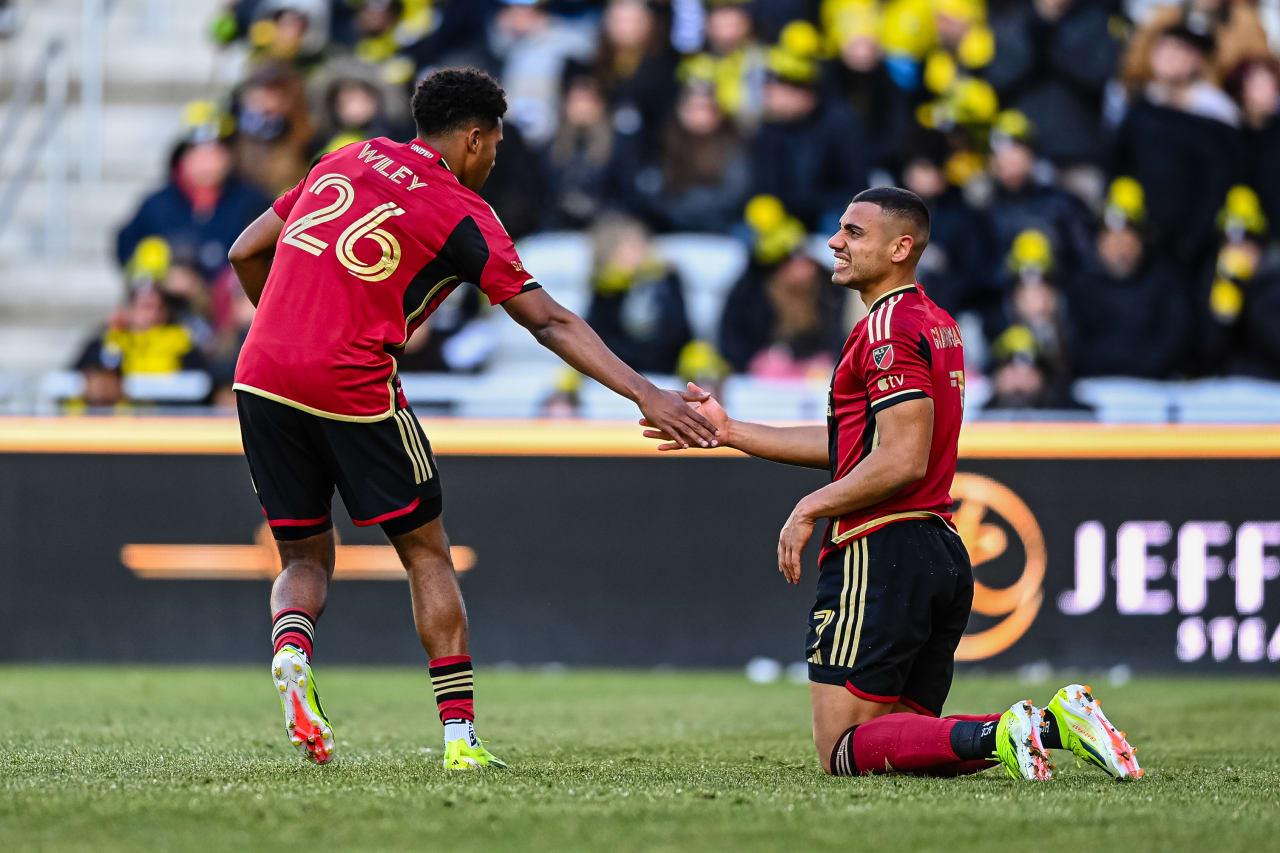 Atlanta United forward Giorgos Giakoumakis #7 and Atlanta United defender Caleb Wiley #26 during the match against Columbus Crew at Lower.com Field in Columbus, OH on Saturday February 24, 2024