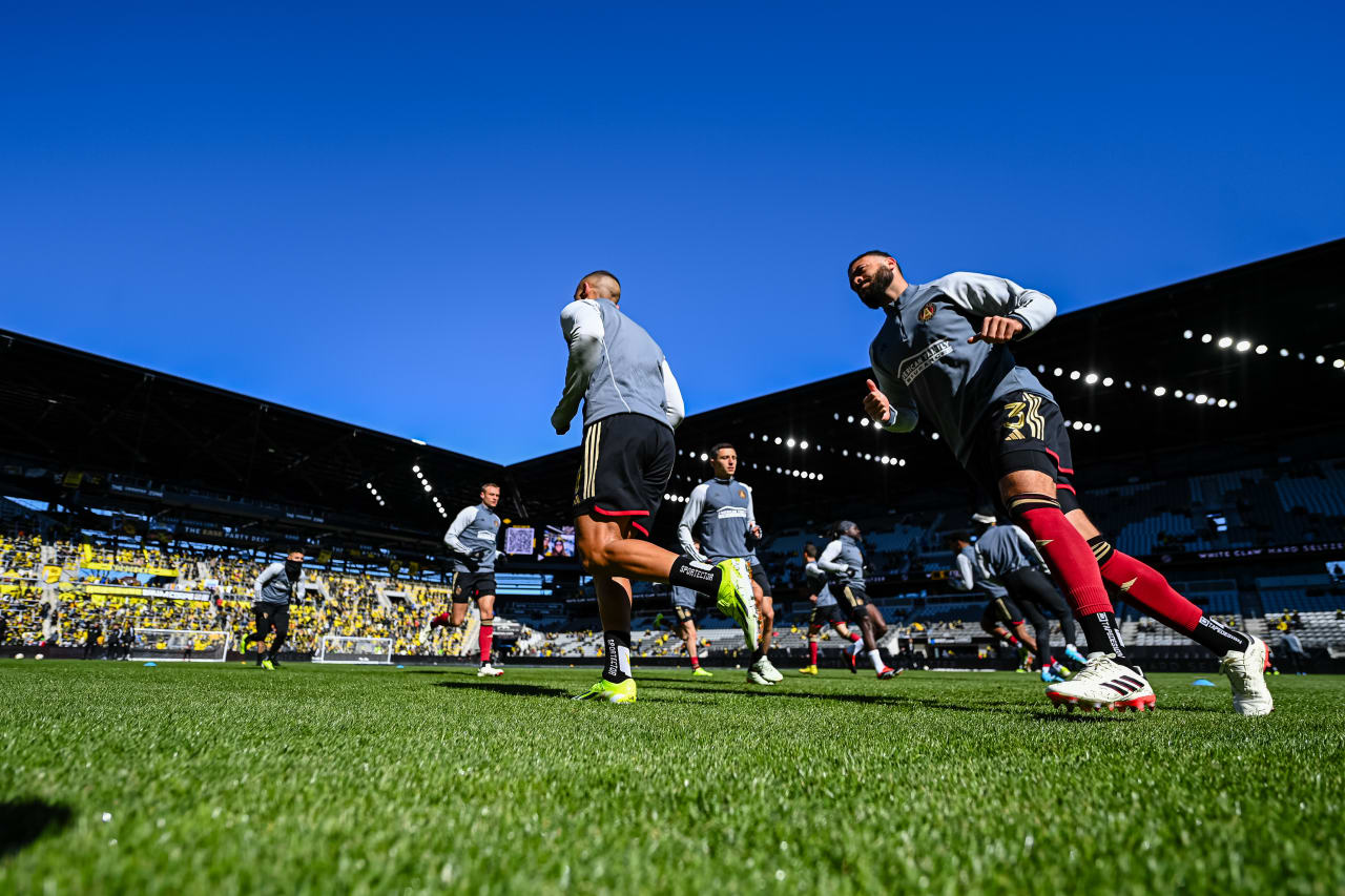 Atlanta United players warm up before the match against Columbus Crew at Lower.com Field in Columbus, OH on Saturday February 24, 2024