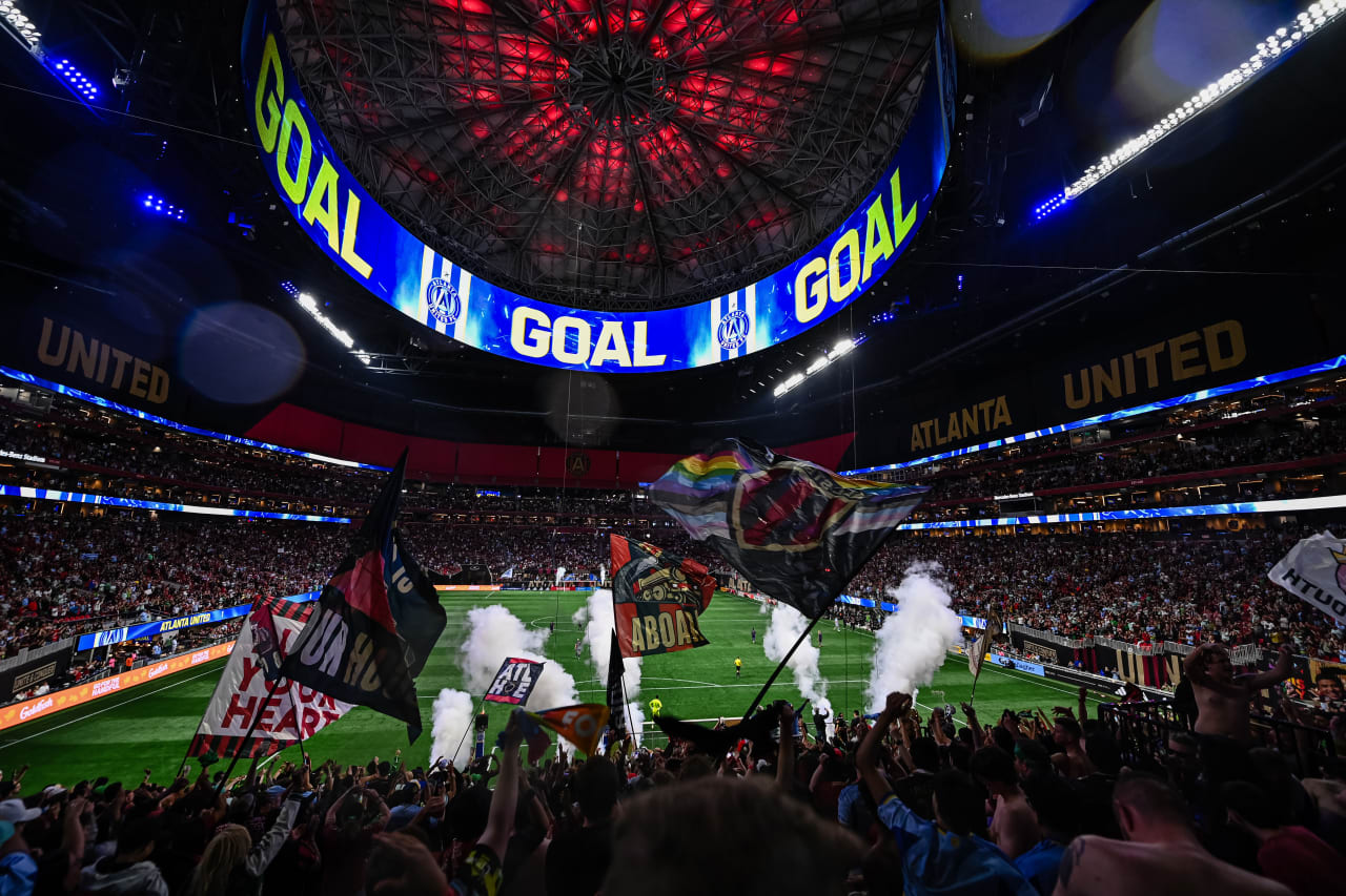 A general view of the supporters section after Atlanta United scores a goal during the match against Orlando City at Mercedes-Benz Stadium in Atlanta, GA on Sunday March 17, 2024