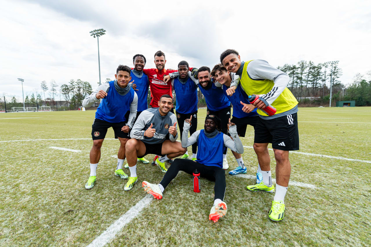 Atlanta United players pose for a photo after a training session at Children’s Healthcare of Atlanta Training Ground in Marietta, Ga. on Tuesday, February 20, 2024