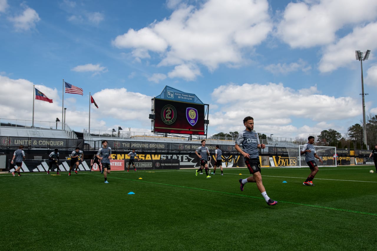 Players warm up before the match against Orlando City B at Fifth-Third Stadium in Kennesaw, Ga.  on Saturday, March 16th, 2024. (Photo by Julian Alexander/Atlanta United)