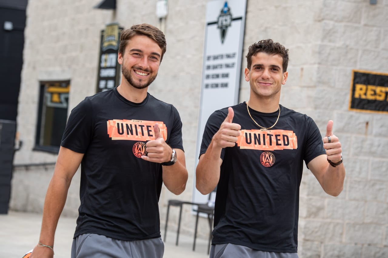 Javier Armas (left) and Daniel Russo (right) arriving ahead of the MLS NEXT Pro match against Orlando City B at Fifth Third Stadium in Marietta, Ga. on March 16, 2024. (Photo by Julian Alexander/Atlanta United)