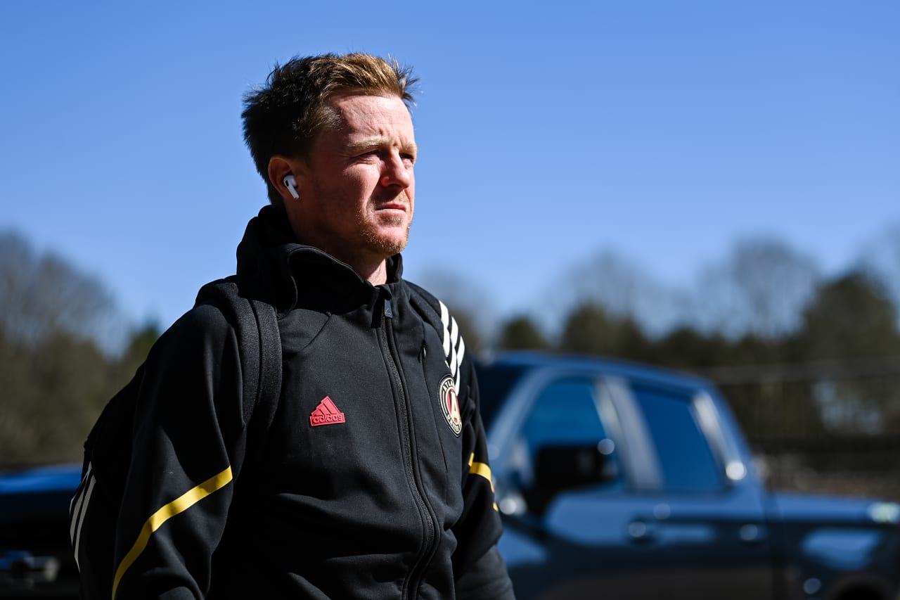 Atlanta United midfielder Dax McCarty #13 arrives prior to the match against Memphis 901 FC at Turner Sports Complex in Athens, GA on Saturday February 3, 2024