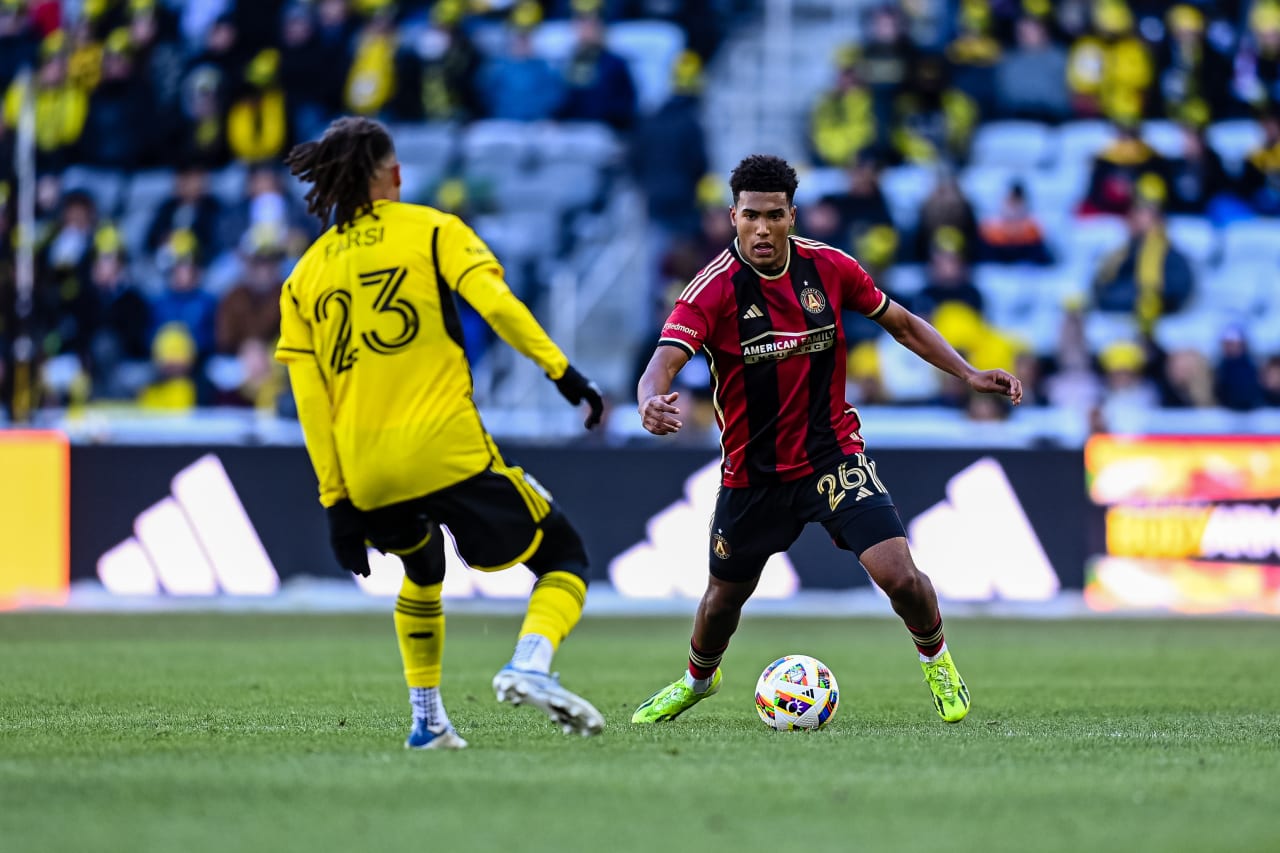 Atlanta United midfielder Thiago Almada #10 dribbles the ball during the match against Columbus Crew at Lower.com Field in Columbus, OH on Saturday February 24, 2024