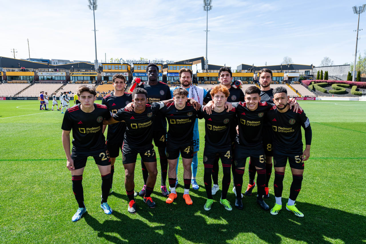 ATL UTD 2 starting 11 posing before the match against Carolina Core at Fifth Third Bank Stadium in Kennesaw, Ga. On Sunday, March 24, 2024. (Photo by Julian Alexander/Atlanta United)