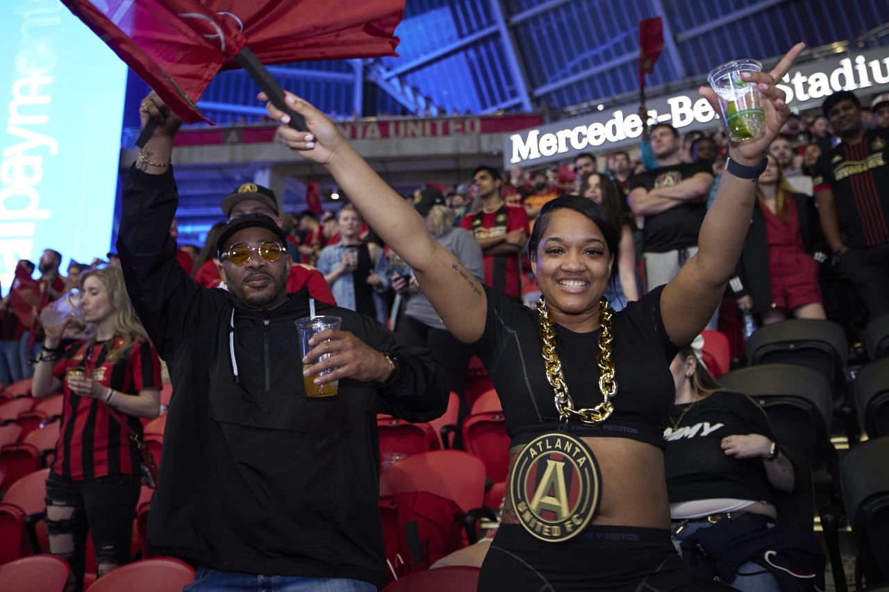 Fans cheering during the match against New England Revolution at Mercedes-Benz Stadium in Atlanta, Ga. On Saturday, March 9, 2024