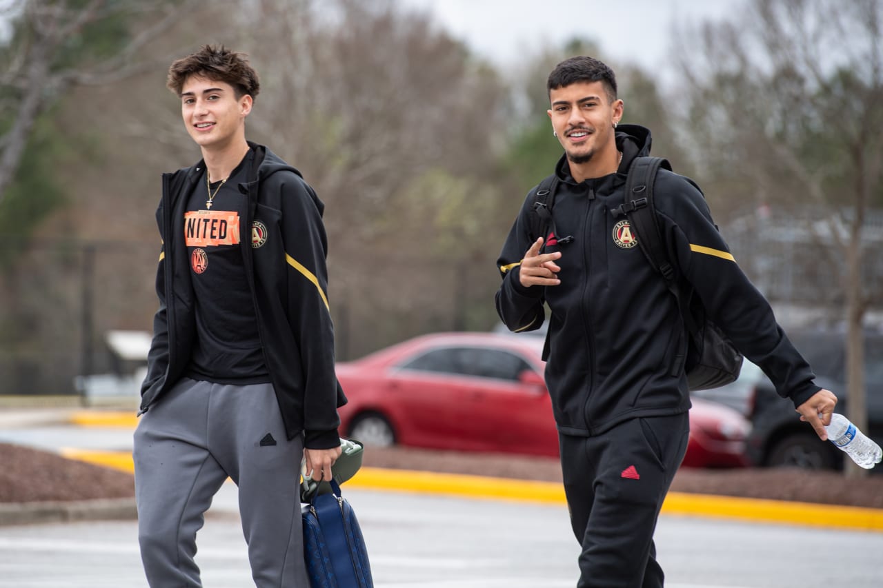 Luke Brennan (left) and Nick Firmino (right) arriving ahead of the MLS NEXT Pro match against Orlando City B at Fifth Third Stadium in Marietta, Ga. on March 16, 2024. (Photo by Julian Alexander/Atlanta United)