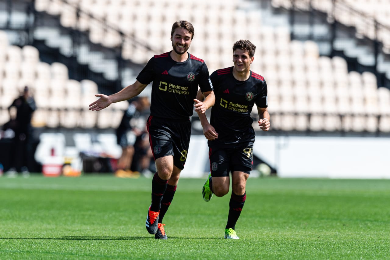 Atlanta United 2 midfielder Javier Armas #86 and defender Daniel Russo #96 during the match against Carolina Core at Fifth Third Bank Stadium in Kennesaw, Ga. On Sunday, March 24, 2024. (Photo by Julian Alexander/Atlanta United)