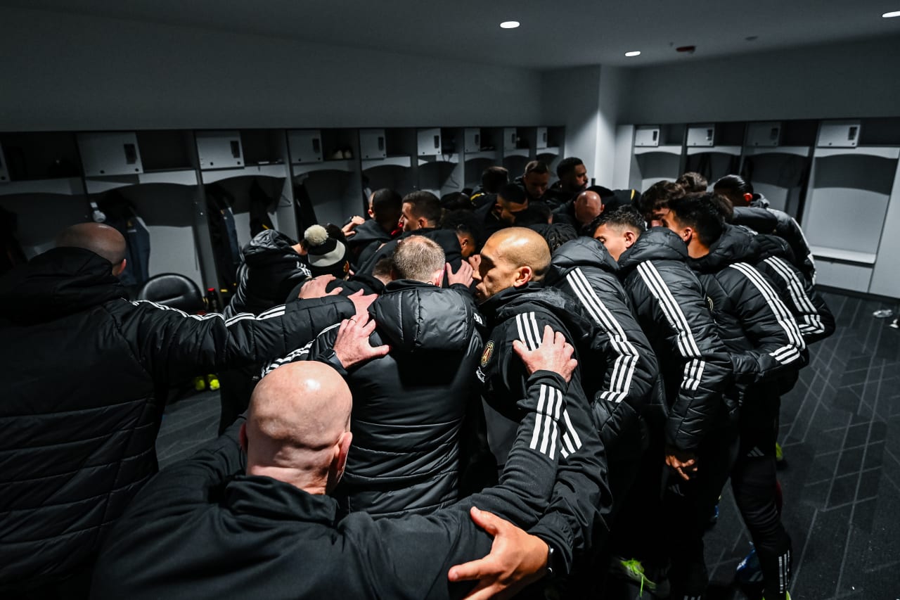 Atlanta United players huddle in the locker room before the match against Columbus Crew at Lower.com Field in Columbus, OH on Saturday February 24, 2024