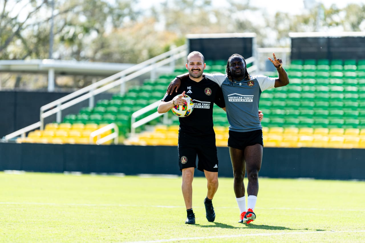 Atlanta United Assistant Equipment Manager Nick Escalante and Atlanta United midfielder Tristan Muyumba #8 during a training session at Al Lang Stadium in St. Petersburg, Fl. on Friday, February 9, 2024