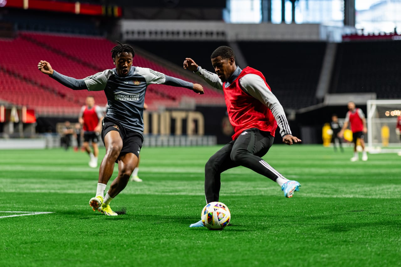 Atlanta United forward Xande Silva #16 and Atlanta United midfielder Ajani Fortune #35 during a training session at Mercedes-Benz Stadium in Atlanta, Ga. on Thursday, March 7, 2024