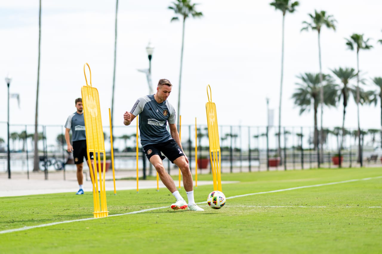 Atlanta United defender Stian Rode Gregersen #5 during a workout in the gym at Al Lang Stadium in St. Petersburg, Fl. on Thursday, February 8, 2024