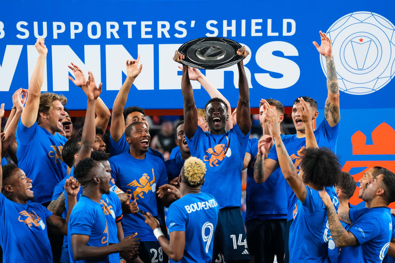 CINCINNATI, OHIO - OCTOBER 4, 2023: FC Cincinnati celebrates winning the MLS Supporters' Shield during a post-match ceremony on October 4, 2023 at TQL Stadium in Cincinnati, Ohio. (FC Cincinnati)