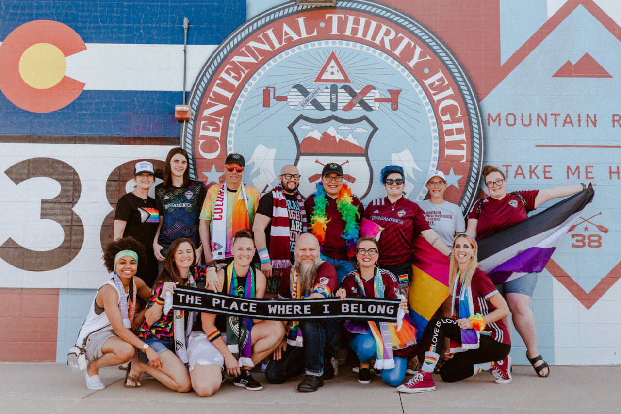 Members of the Colorado Rapids supporters' group, C38, celebrate Soccer for All in the limited edition Pride jersey. (Photos by Connor Pickett)