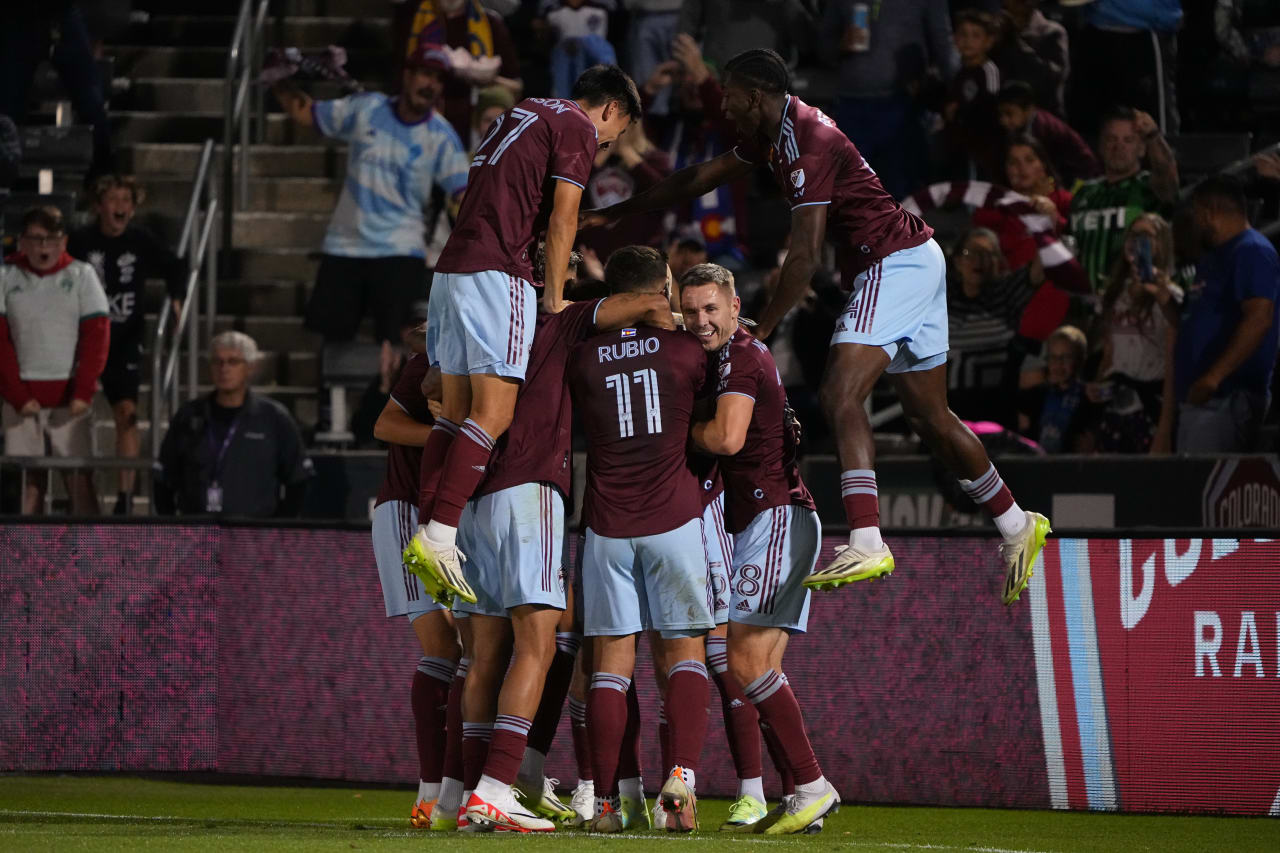 The Rapids celebrate a goal scored by Andreas Maxsø during their win over Austin FC at home (Photo by Garrett Ellwood)