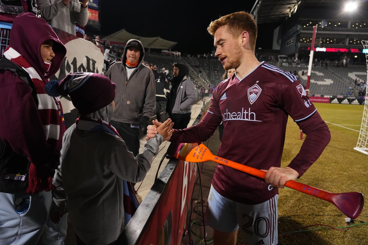 Connor Ronan is presented the first Man of the Match oar of the 2023 season for his performance against Sporting Kansas City.