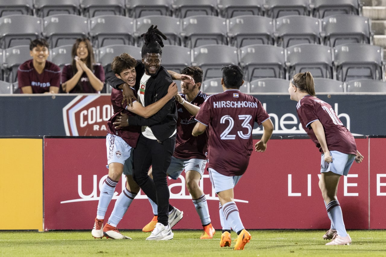Lalas Abubakar celebrates a game-winning goal with the Rapids Unified team in their victory over LA Galaxy Unified (Photo by Ben Swanson)