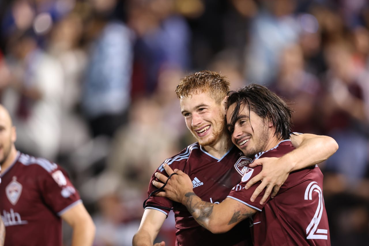 Connor Ronan and Braian Galván celebrate a goal scored by Galván against FC Dallas (Photo by Jack Dempsey)