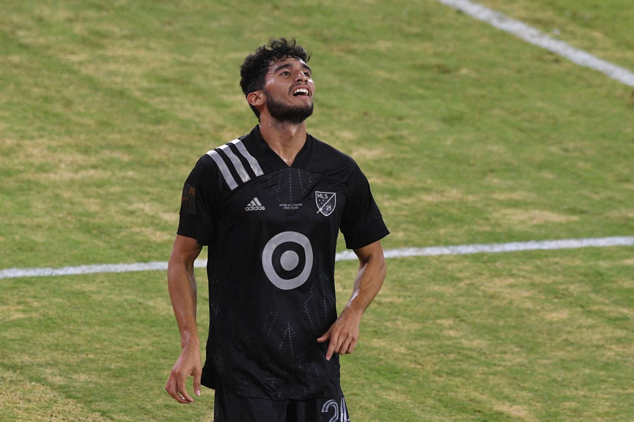 Aug 25, 2021; Los Angeles, CA, USA; MLS All-Stars forward Ricardo Pepi (24) reacts after a missed shot on goal in the second half against the Liga MX All-Stars during the 2021 MLS All-Star Game at Banc of California Stadium. Mandatory Credit: Orlando Ramirez-USA TODAY Sports