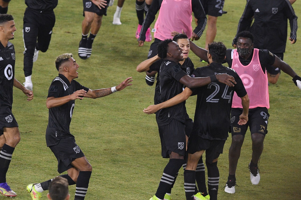 Aug 25, 2021; Los Angeles, CA, USA; MLS All-Stars teammates celebrate after forward Ricardo Pepi (24) scored the game winning shot in a penalty shoot out against the Liga MX All-Stars during the 2021 MLS All-Star Game at Banc of California Stadium. Mandatory Credit: Orlando Ramirez-USA TODAY Sports