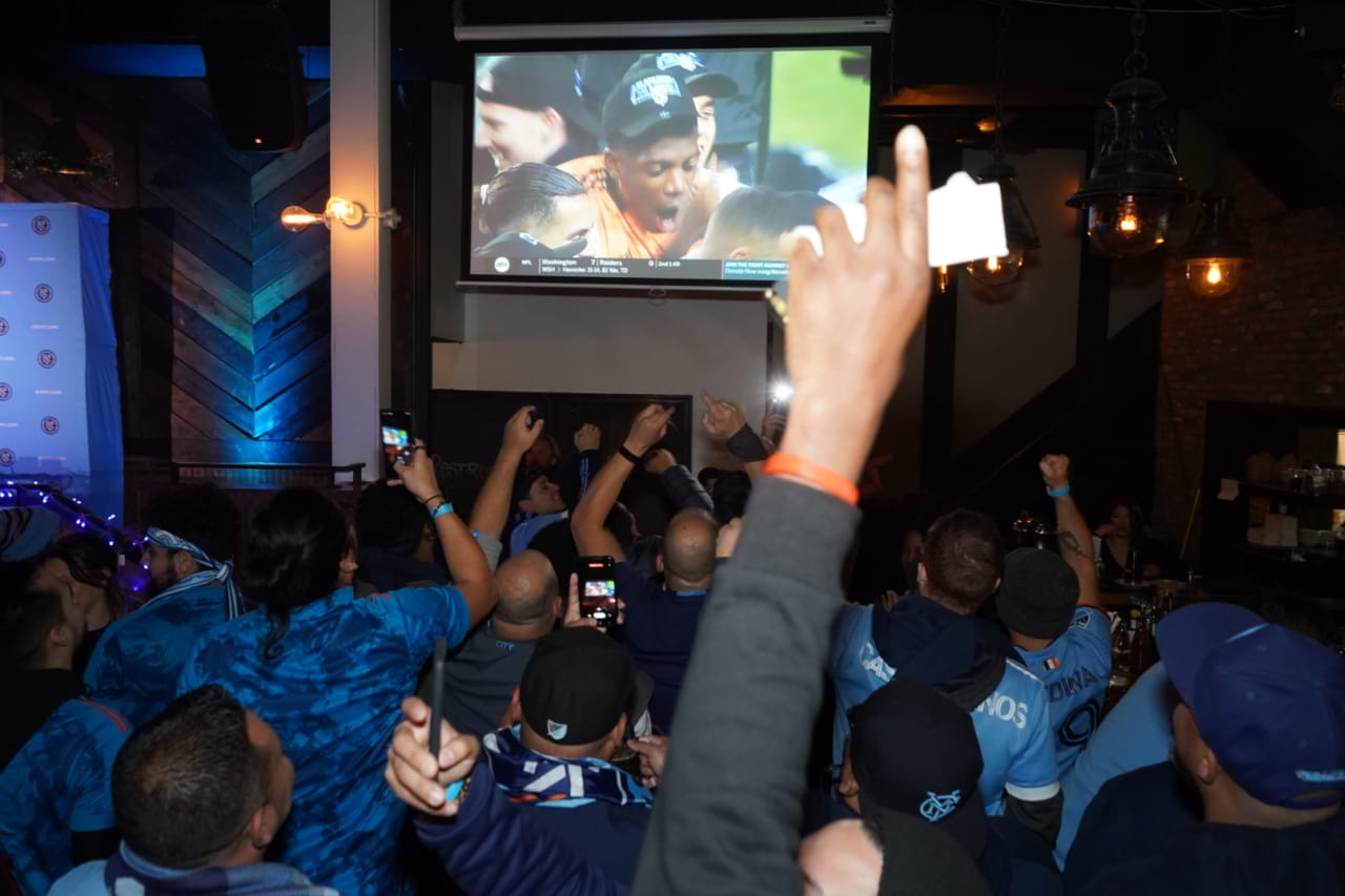 NYCFC supporters gather at Berry Park in New York to watch NYCFC play Philadelphia