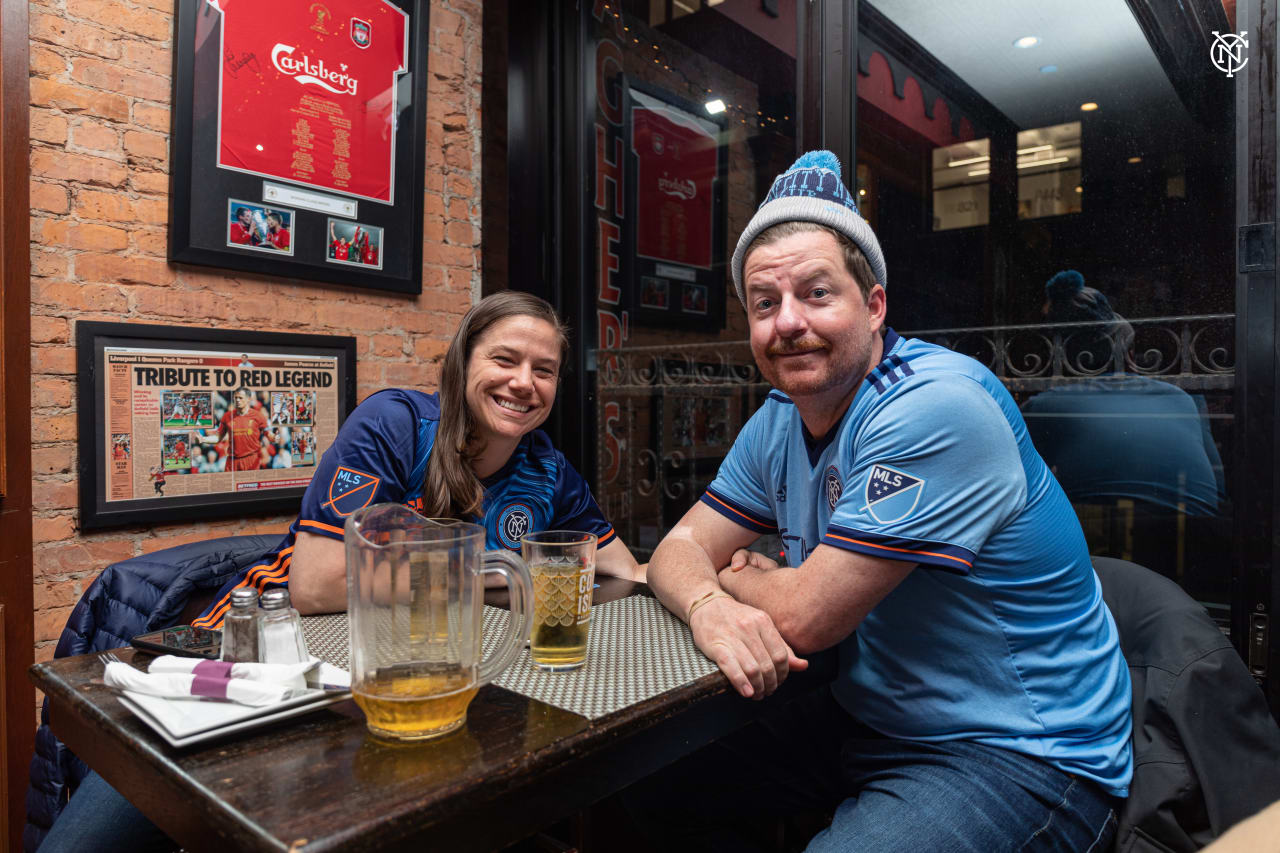 NYCFC supporters gather at Carraghers in New York to watch NYCFC play New England