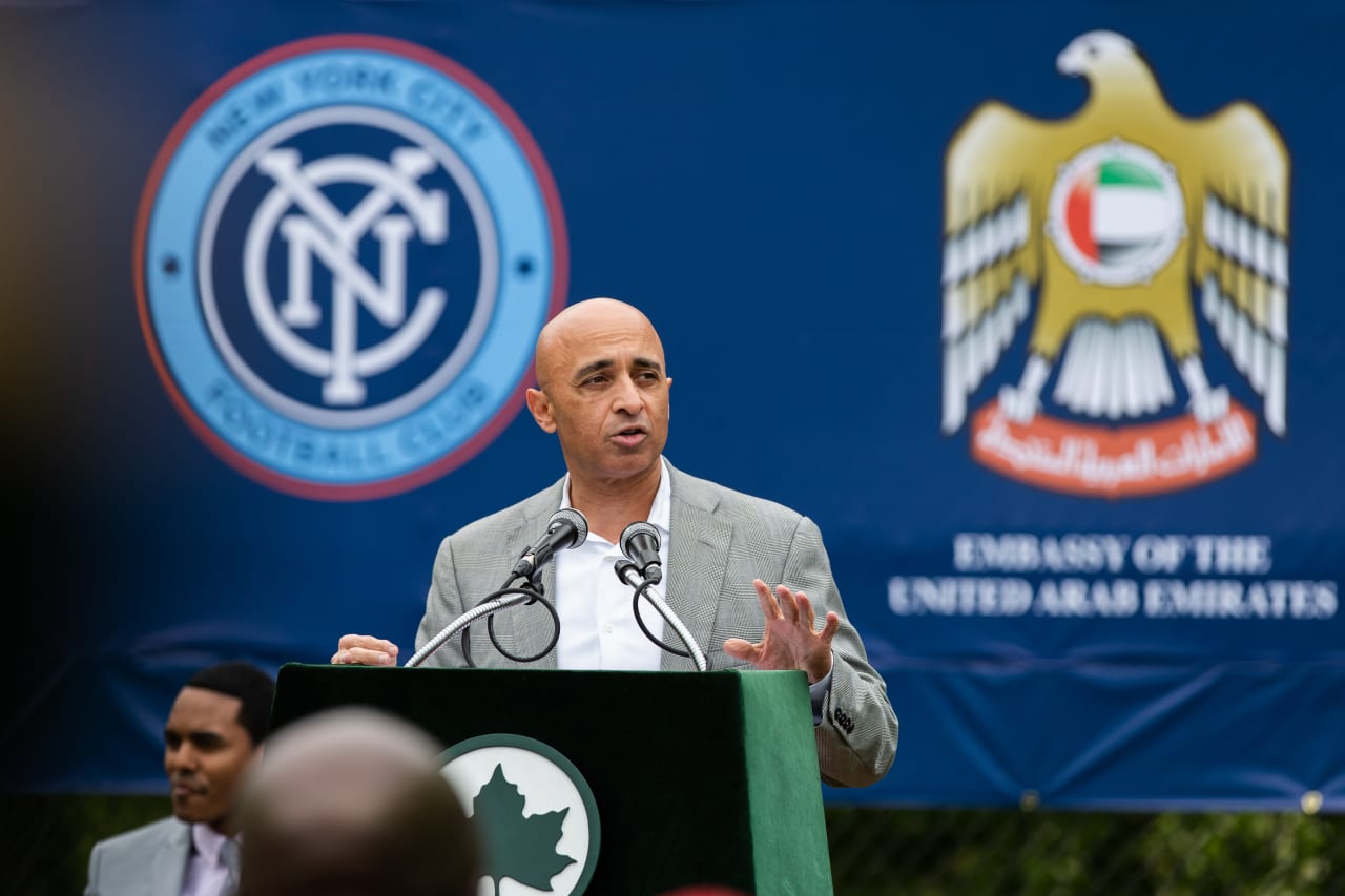 NYC Parks, The Embassy of the United Arab Emirates, New York City Football Club, Congressman Torres  celebrate the completion of a $363,000 refurbishment of the Crotona Park Soccer Field. (Photo by Katie Cahalin/NYCFC)