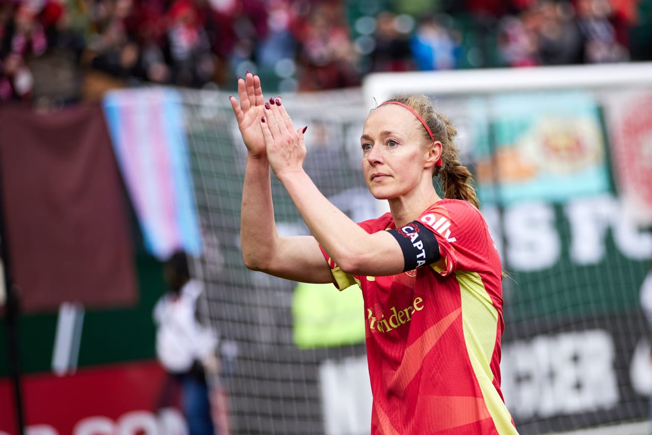 Thorns FC captain Becky Sauerbrunn thanks the record-breaking Thorns FC home-opening crowd following the match.