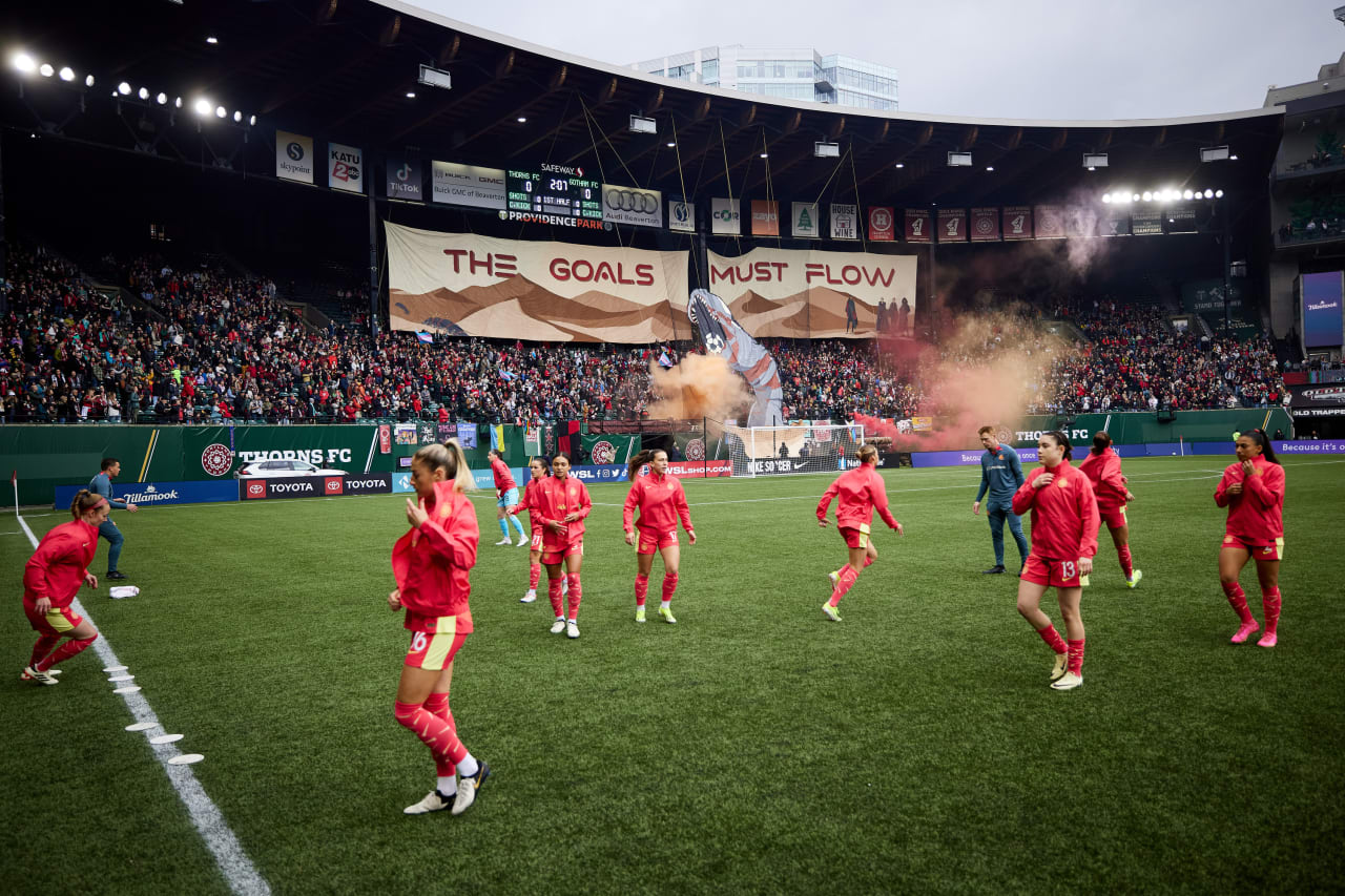 Thorns FC begin kickoff preparations amidst tifo unveiling in the north end by Rose City Riveters.