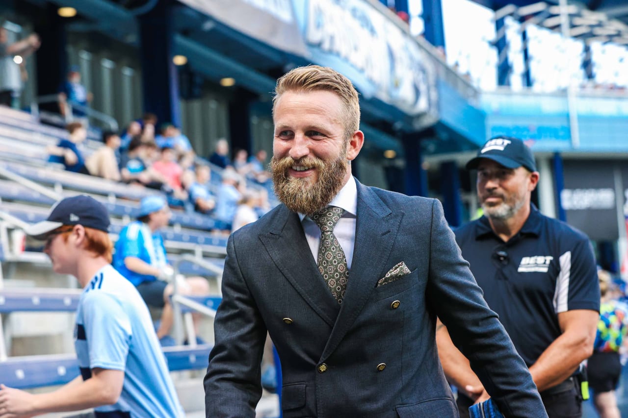 Johnny Russell arrives at Children's Mercy Park before the SKC vs Chivas match.