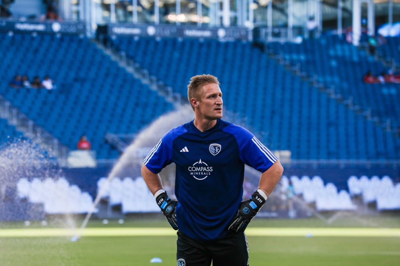Keeper, Tim Melia, warms up before the SKC vs Toluca match on Aug. 4.