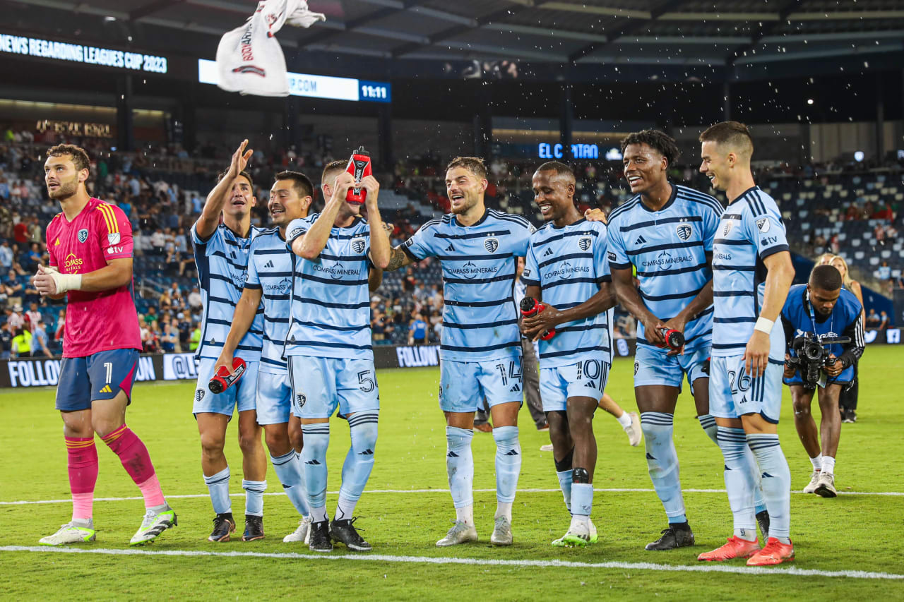 Players celebrating SKC advancing to the Round of 32 of Leagues Cup.