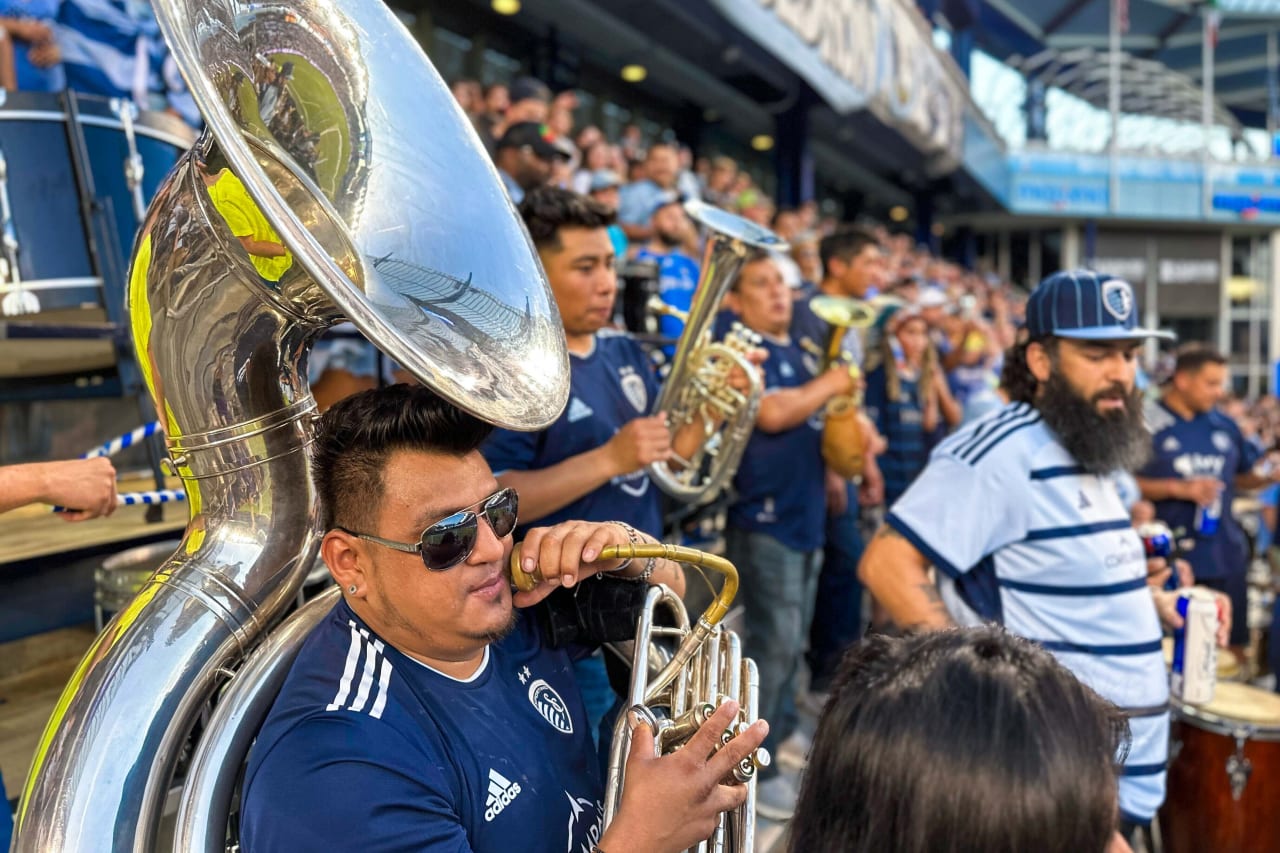 The band plays music in the Supporters Stand on Aug. 4.
