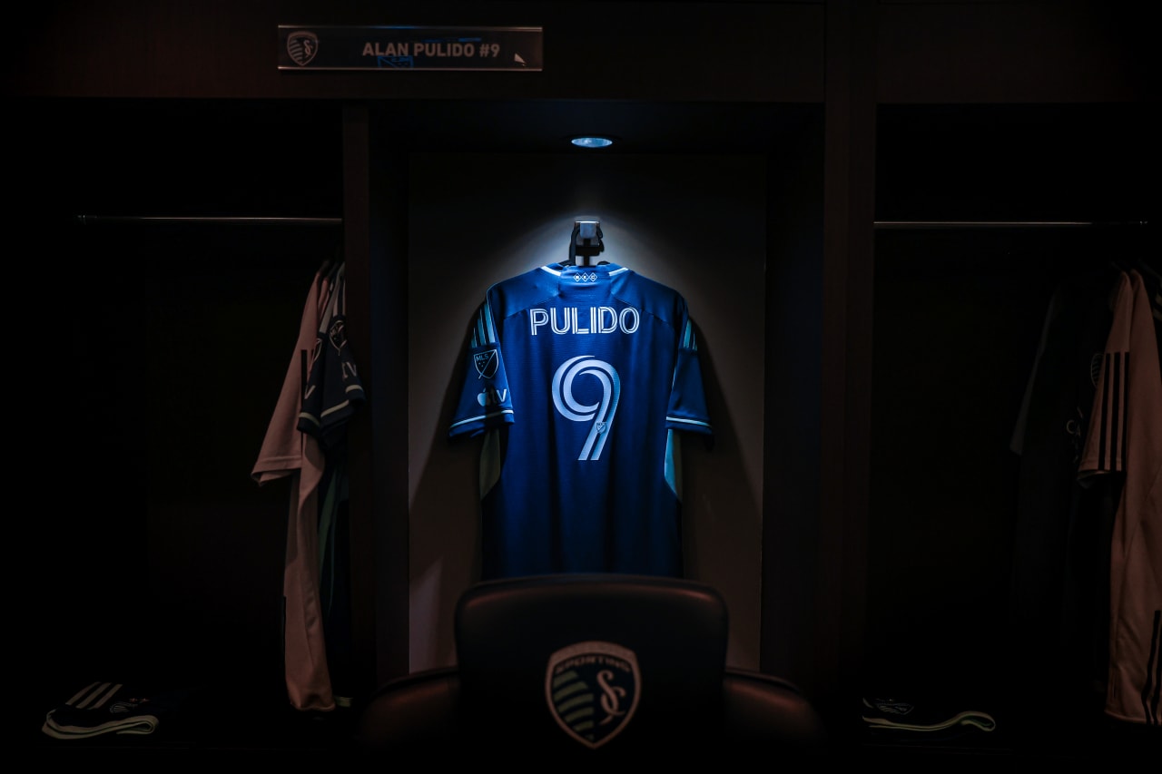 The new 2024 secondary kit, "Diamonds Our Forever," hangs in the locker room ahead of the SKC vs PHI match on Mar. 2.