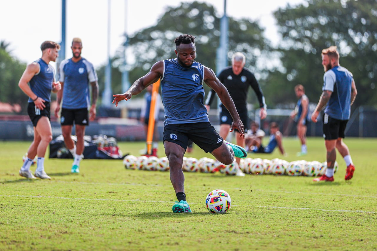 Forward willy Agada takes a shot from the spot during preseason training in Miami, Fla.