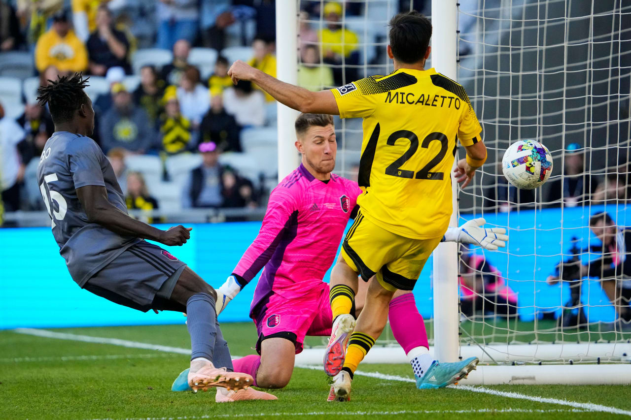 CITY2's Josh Yaro and Michael Creek attempt to deny Crew 2's Michael Micaletto from scoring during the MLS NEXT Pro Cup