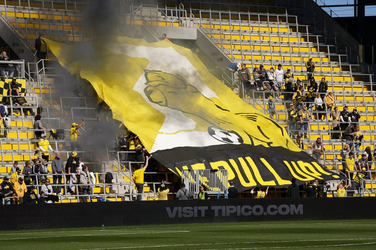 A capybara tifo is raised on the stands by Columbus Crew 2 supporters before the start of the MLS NEXT Pro Cup