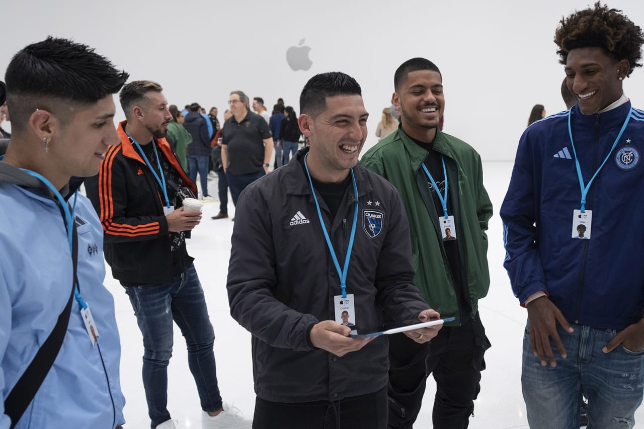 San Jose Earthquakes winger Cristian Espinoza joins other MLS players at Apple Park on Jan. 11, 2023.