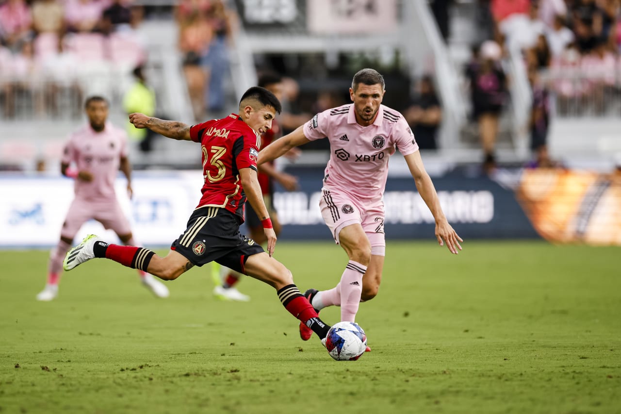 Atlanta United midfielder Thiago Almada #23 kicks the ball during the first half of the match against Inter Miami at DRV PNK Stadium in Fort Lauderdale, FL on Tuesday, July 25, 2023. (Photo by James Gilbert/Atlanta United)