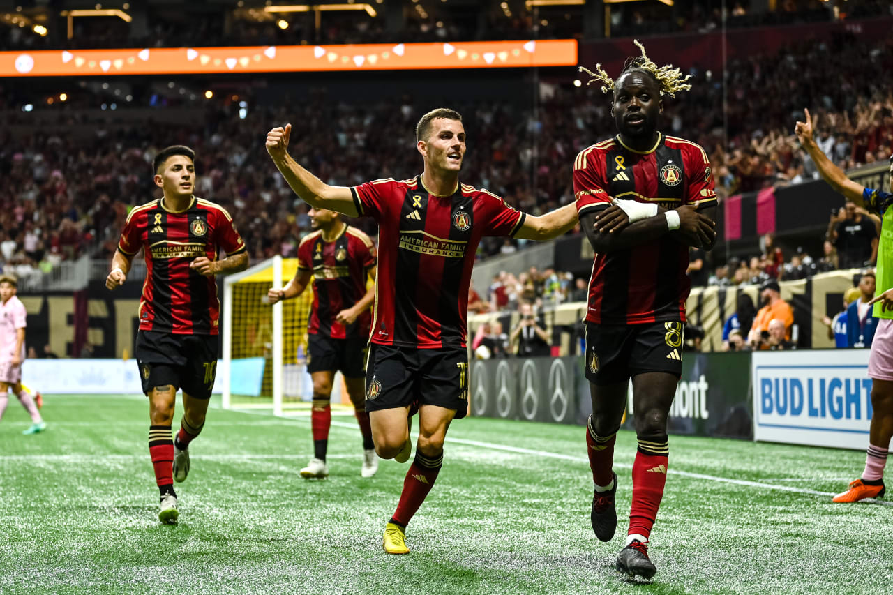 Atlanta United midfielder Tristan Muyumba #8 and defender Brooks Lennon #11 celebrate after a goal during the first half of the match against Inter Miami at Mercedes-Benz Stadium in Atlanta, GA on Saturday, September 16, 2023. (Photo by Mitch Martin/Atlanta United)