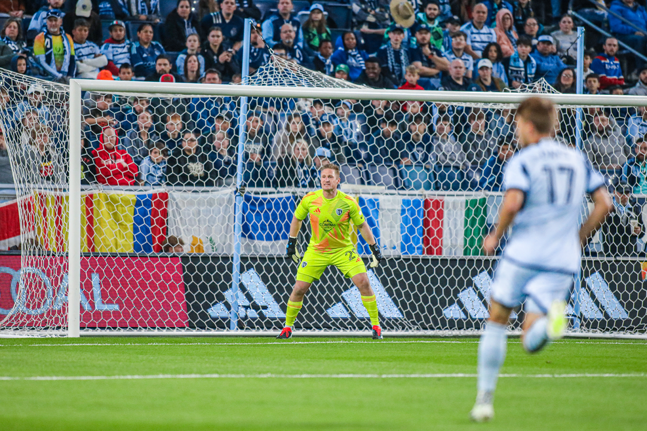 Keeper, Tim Melia locks in during a play in the Sporting KC vs San Jose match.